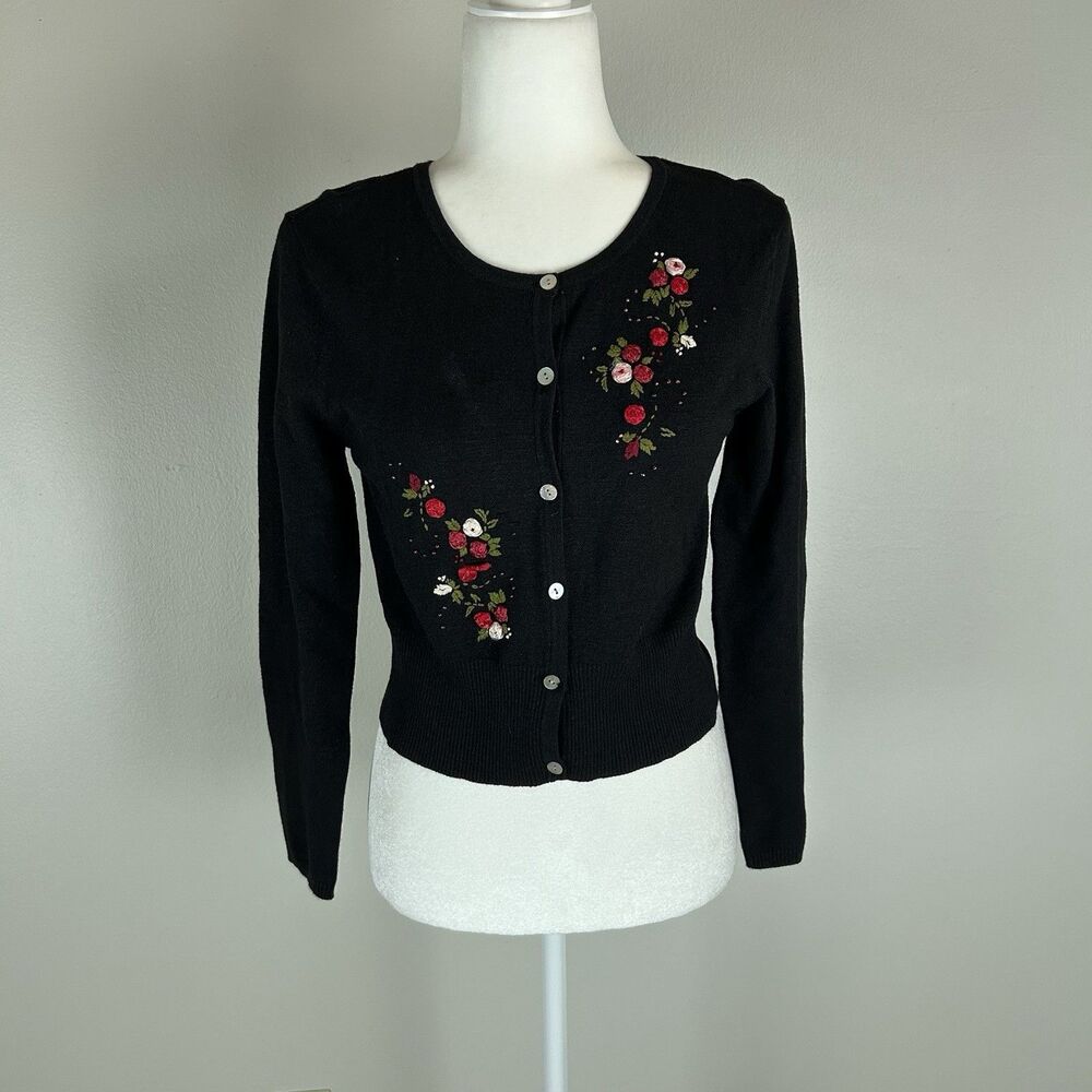 Black Rose S Cardigan Sweater Silk Button Embroidered Whimsigoth Vintage Boho